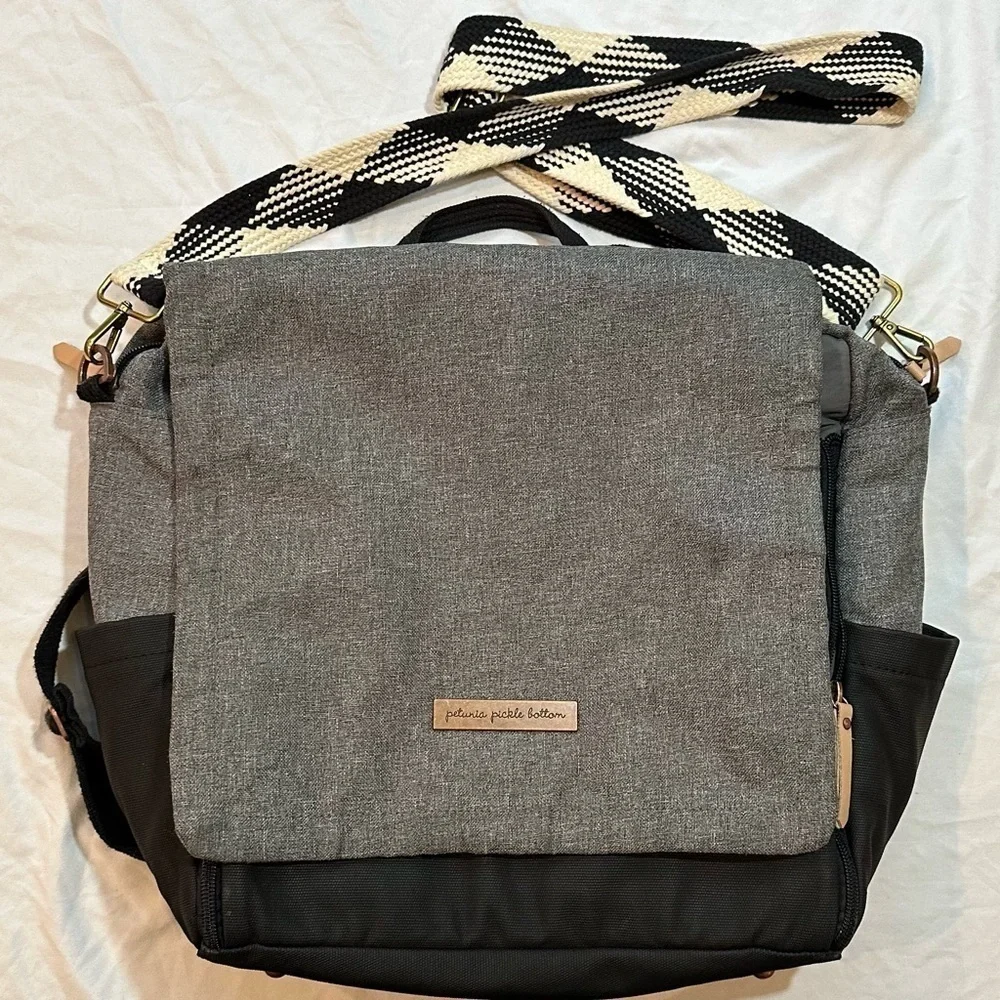 Petunia Pickle Bottom boxy backpack diaper bag graphite/black gingham strap